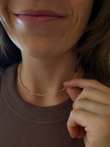 Morse code necklace in 14k gold filled beads, worn